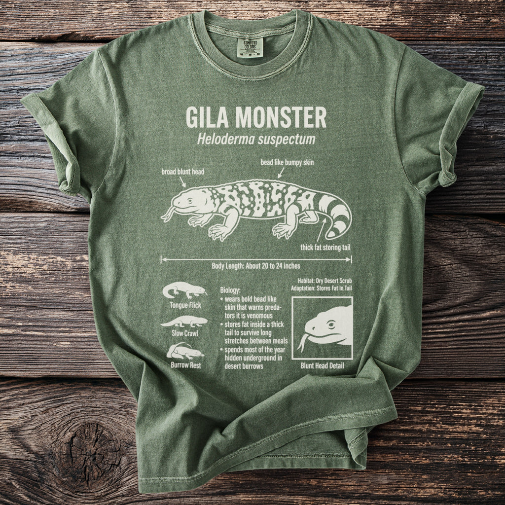 Green t-shirt with Gila Monster diagram, scientific name, and biological details.