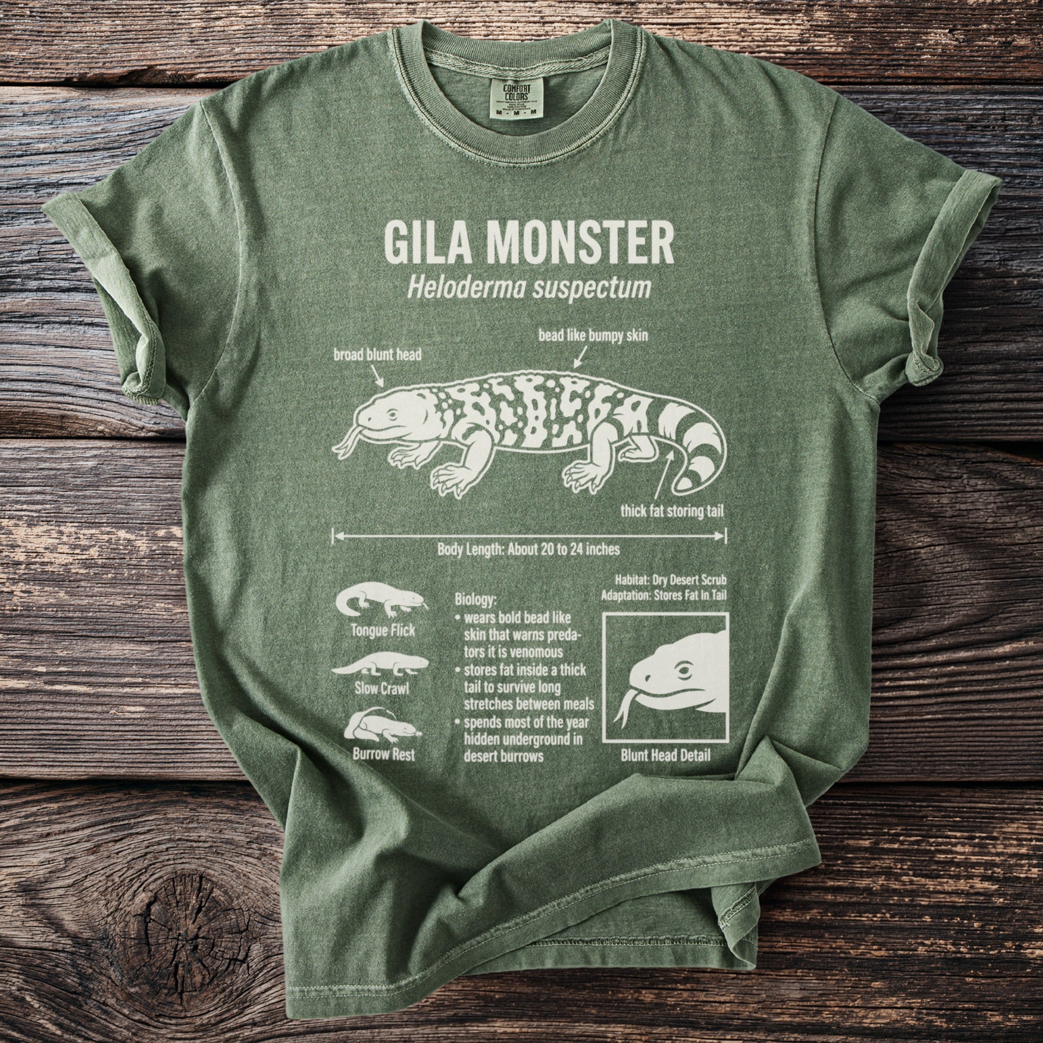 Green t-shirt with Gila Monster diagram, scientific name, and biological details.