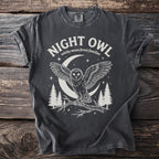 Gray t-shirt with "Night Owl witchy moon forest familiar" text and owl graphic.