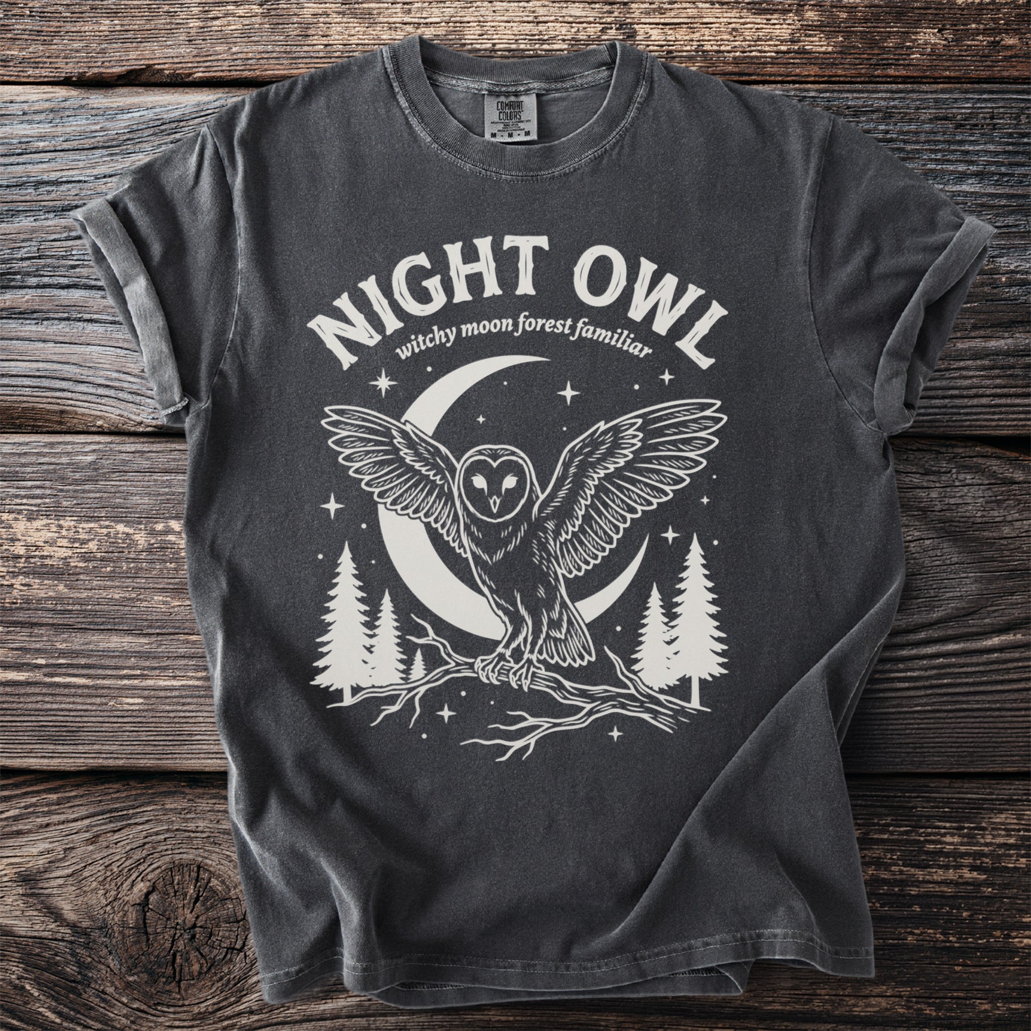 Gray t-shirt with "Night Owl witchy moon forest familiar" text and owl graphic.