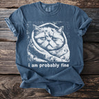 Blue t-shirt with a white graphic of a cat wrapped in a blanket, text reads "i am probably fine".