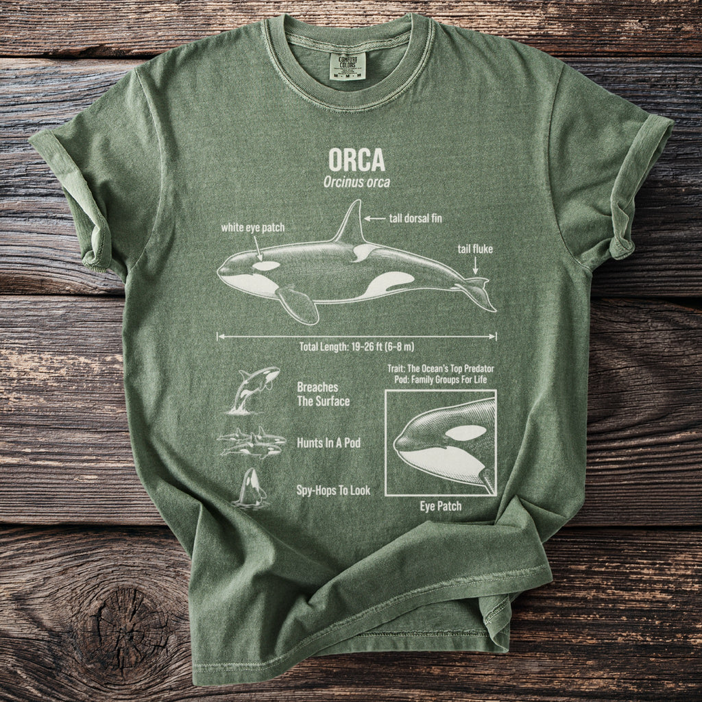 Green t-shirt with "ORCA" and anatomical diagram with labels.