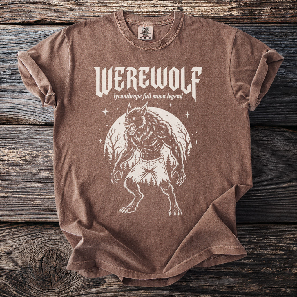 Brown t-shirt with white werewolf graphic and text "WEREWOLF lycanthrope full moon legend".
