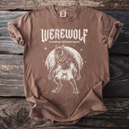 Brown t-shirt with white werewolf graphic and text "WEREWOLF lycanthrope full moon legend".