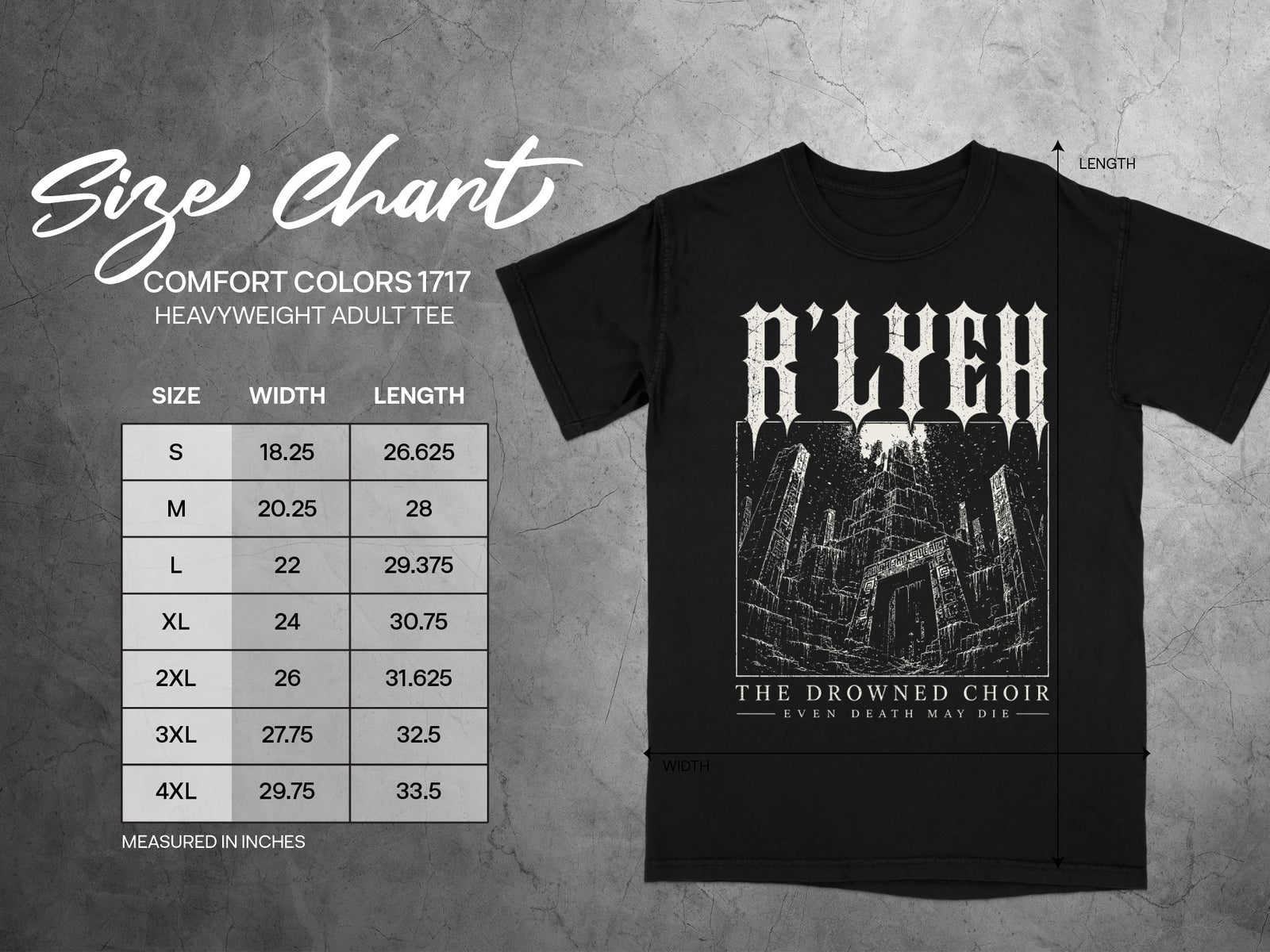 Comfort Colors 1717 heavyweight adult tee size chart with width and length measurements.