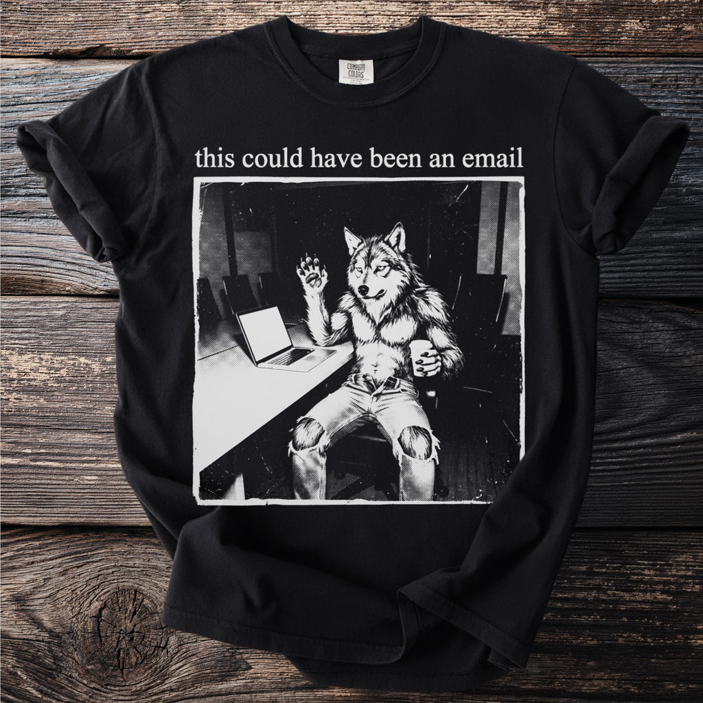 Black t-shirt with graphic of a wolf-man holding a coffee mug and waving hello.