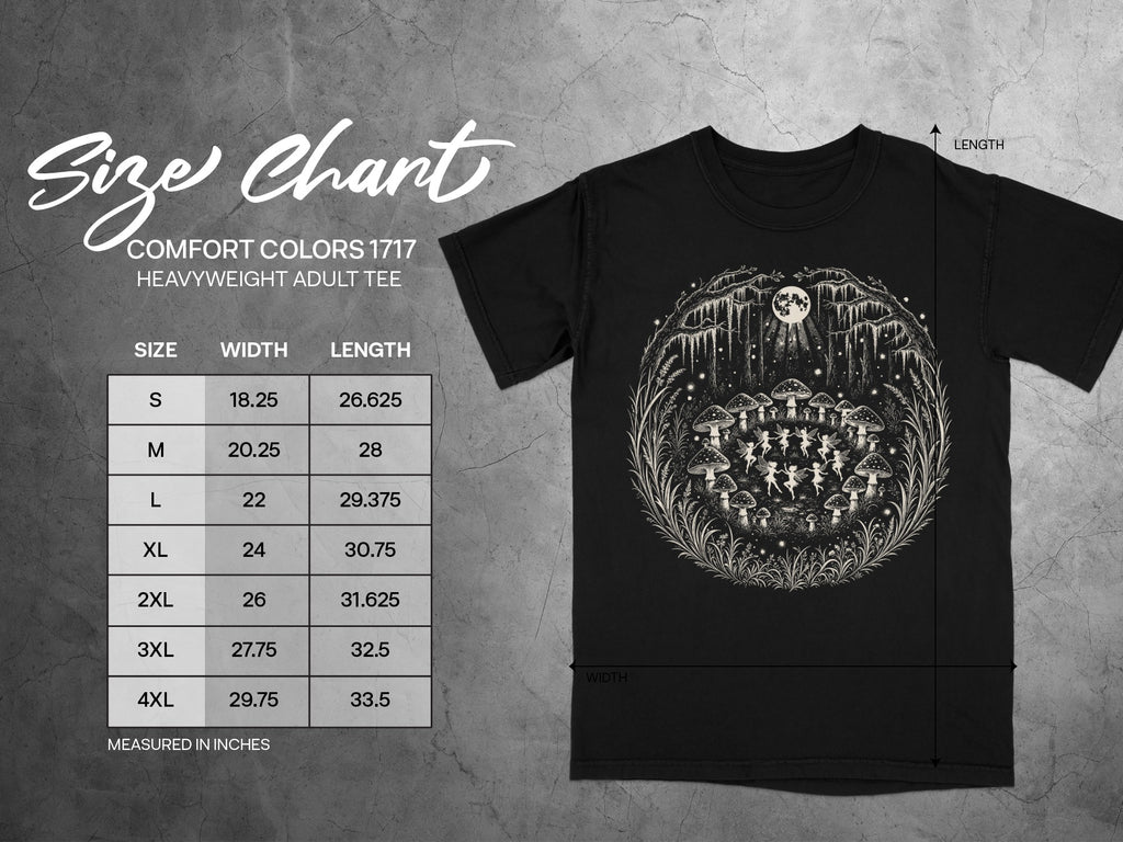 Comfort Colors 1717 heavyweight adult tee size chart in inches.