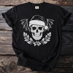 Black t-shirt featuring a skull with bat wings, Santa hat, and holly branches.