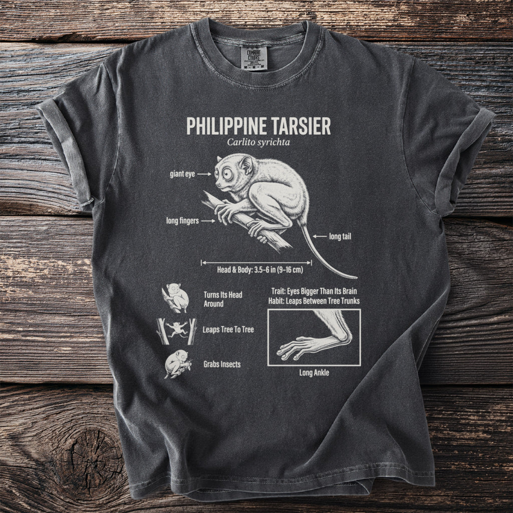 Philippine Tarsier diagram on a dark grey t-shirt with anatomical labels.