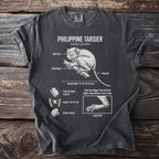 Philippine Tarsier diagram on a dark grey t-shirt with anatomical labels.