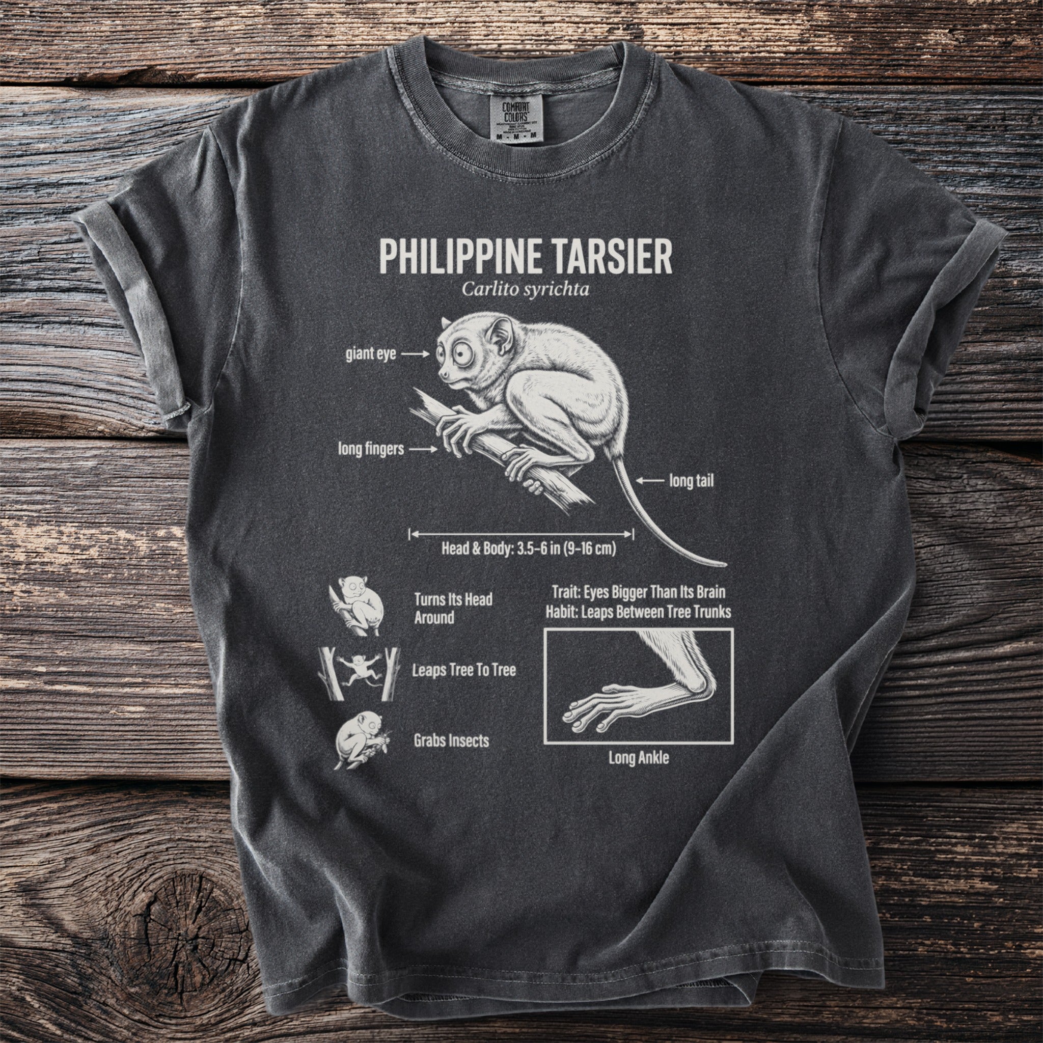 Philippine Tarsier diagram on a dark grey t-shirt with anatomical labels.