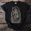 T-shirt featuring a Valkyrie warrior with a spear, shield, and two ravens.