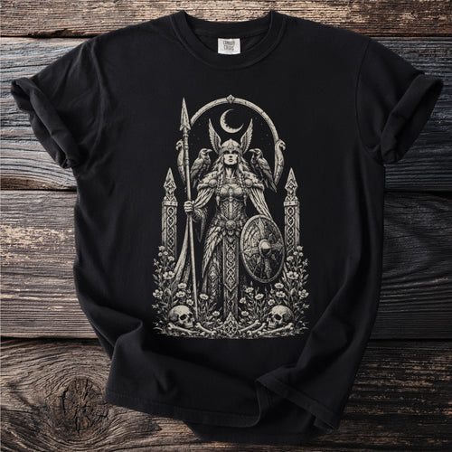 T-shirt featuring a Valkyrie warrior with a spear, shield, and two ravens.