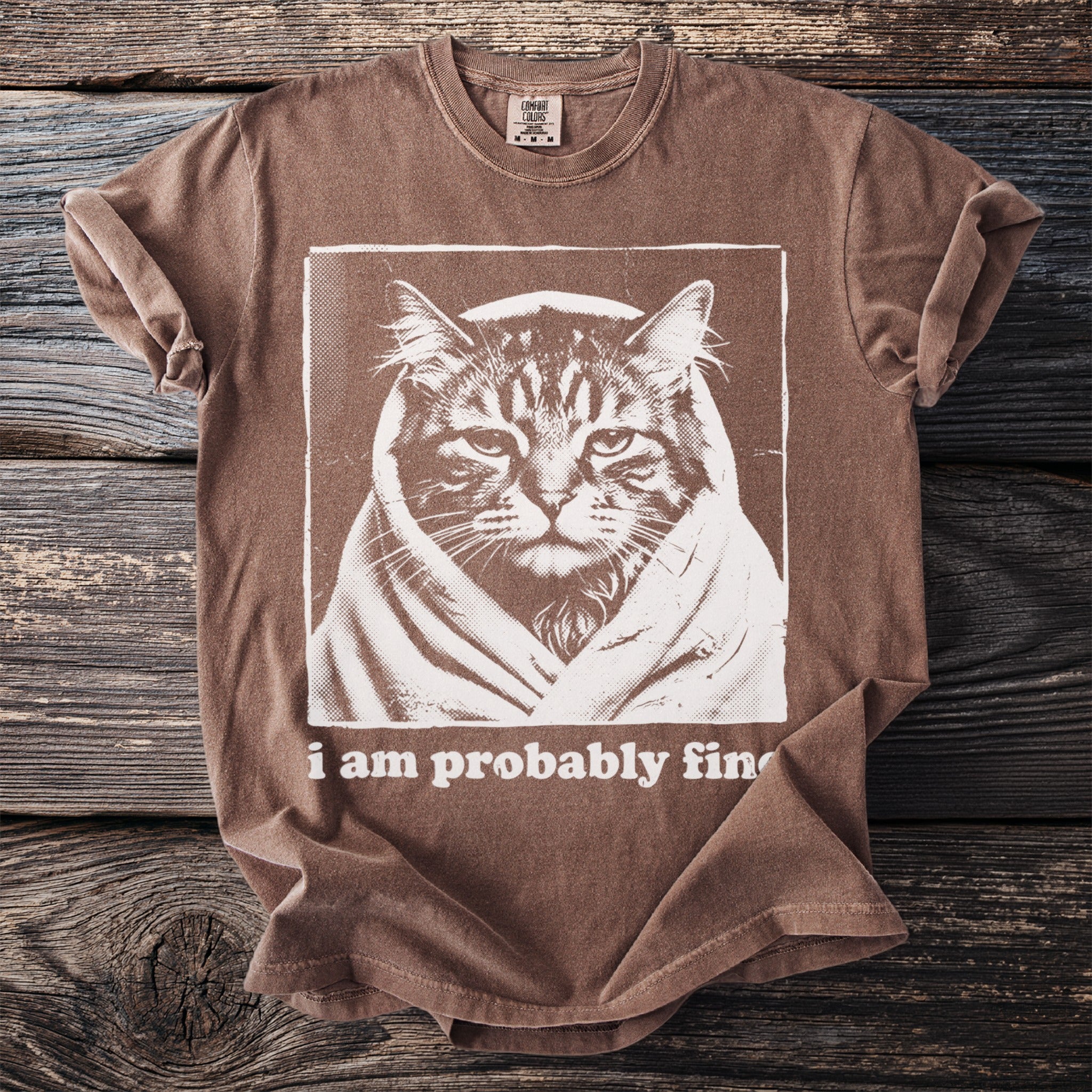Brown t-shirt with a white screen print of a cat wrapped in a blanket and text "i am probably fine".