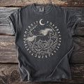 Dark gray t-shirt showing eight-legged Sleipnir above a wolf inside a runic circle.