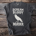 Dark grey t-shirt with white "Scream Bloody Murder" text and raven graphic.