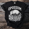 Black t-shirt with white opossum graphic and text "OPOSSUM".