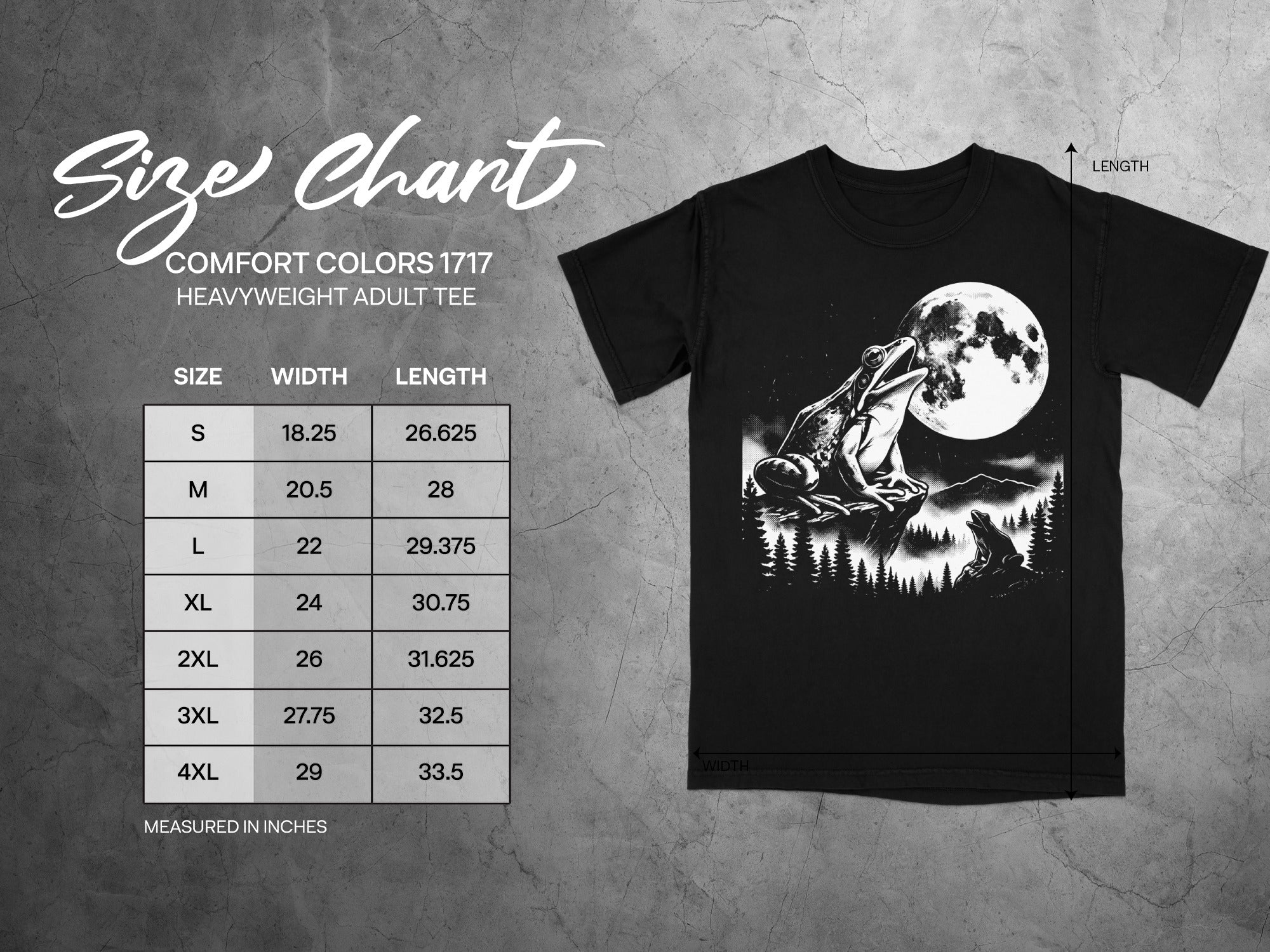 Size chart for Comfort Colors 1717 heavyweight adult tee with frog graphic.