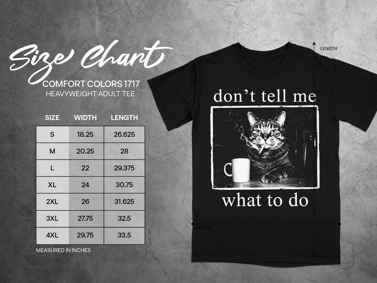 Black t-shirt with cat graphic and text, accompanied by a size chart.
