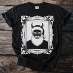 Black t-shirt with a framed illustration of a devil Santa Claus.