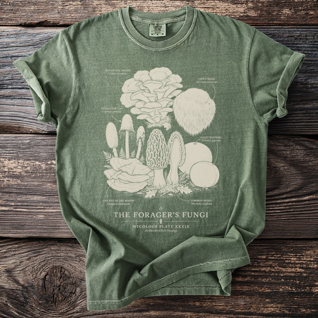 Green t-shirt featuring an illustration of various fungi including Lion's Mane and Hen of the Woods.