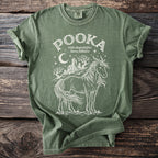 Green t-shirt with Pooka Irish shapeshifter horse folklore graphic design.