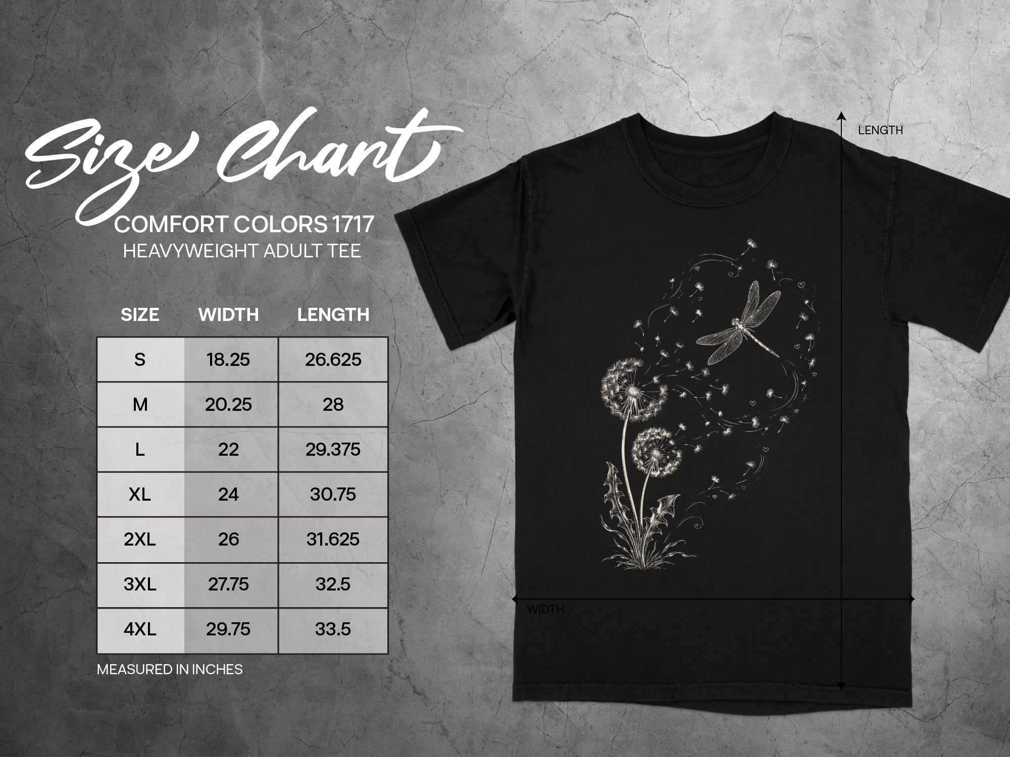 Comfort Colors 1717 heavyweight adult tee size chart with width and length measurements.