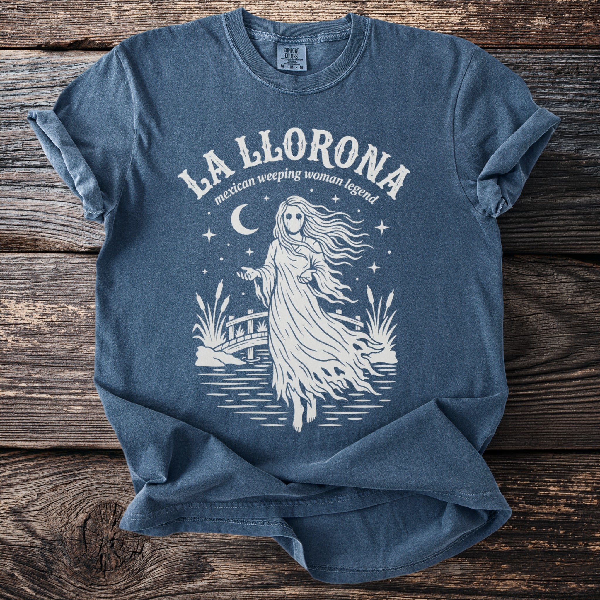 La Llorona t-shirt with ghost woman legend graphic and moon.