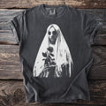 Dark gray t-shirt with white grim reaper and rose graphic on front.