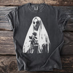 Dark gray t-shirt with white grim reaper and rose graphic on front.