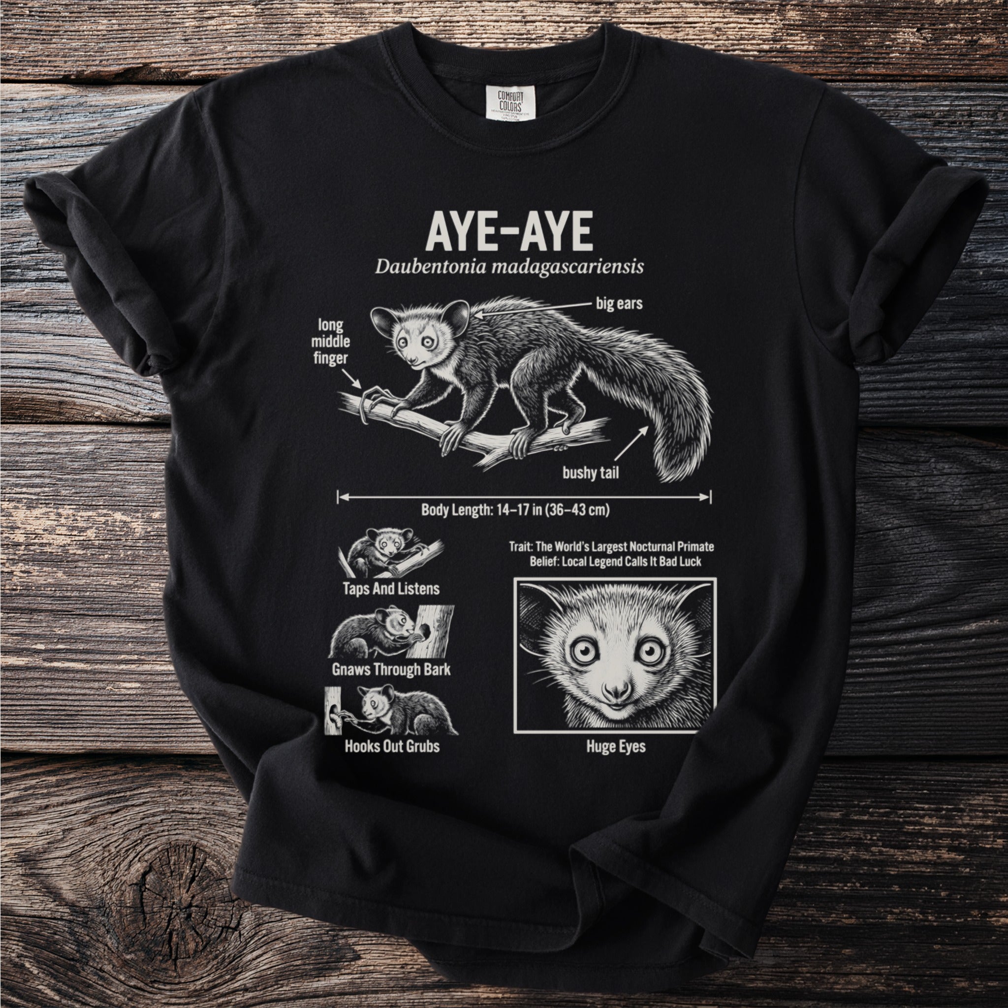 Black t-shirt with Aye-Aye diagram showing "long middle finger", "big ears", and "bushy tail".