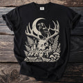 Black t-shirt with occult graphic of raven on deer skull with crescent moon.