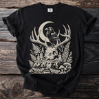 Black t-shirt with occult graphic of raven on deer skull with crescent moon.