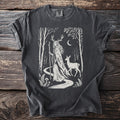 T-shirt with white graphic of antlered woman, deer, moon, and forest.