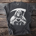T-shirt with a grim reaper making a heart shape with its hands.