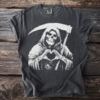 T-shirt with a grim reaper making a heart shape with its hands.
