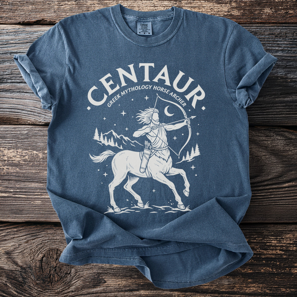 Blue t-shirt with white Centaur Greek mythology horse archer graphic