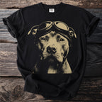 Black Comfort Colors t-shirt with gold print of a pitbull wearing aviator goggles.