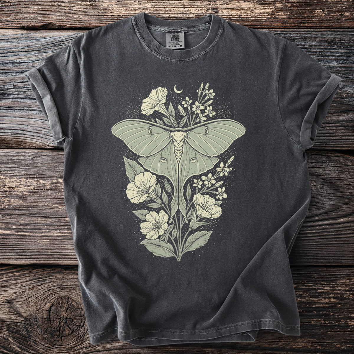 Dark gray t-shirt with a green luna moth and floral design.