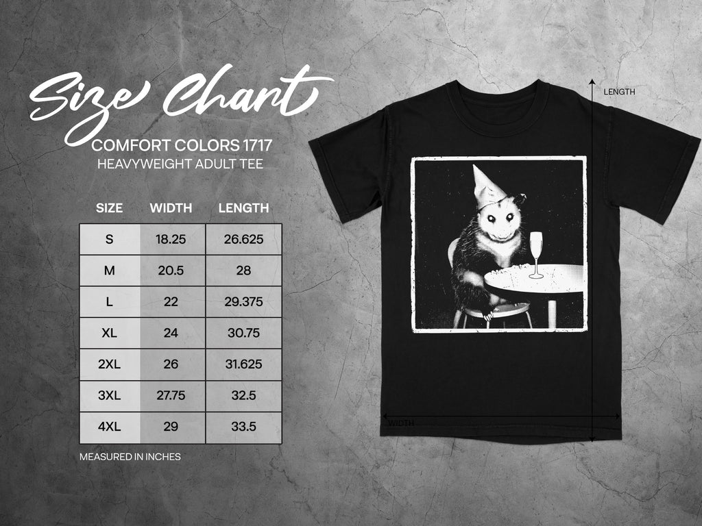 Comfort Colors 1717 garment size chart in inches.