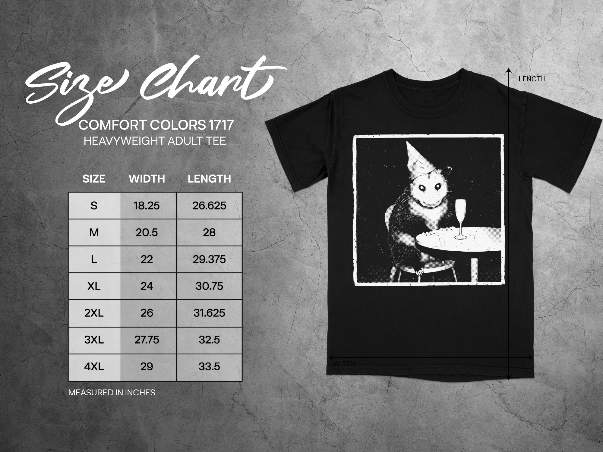 Comfort Colors 1717 garment size chart in inches.