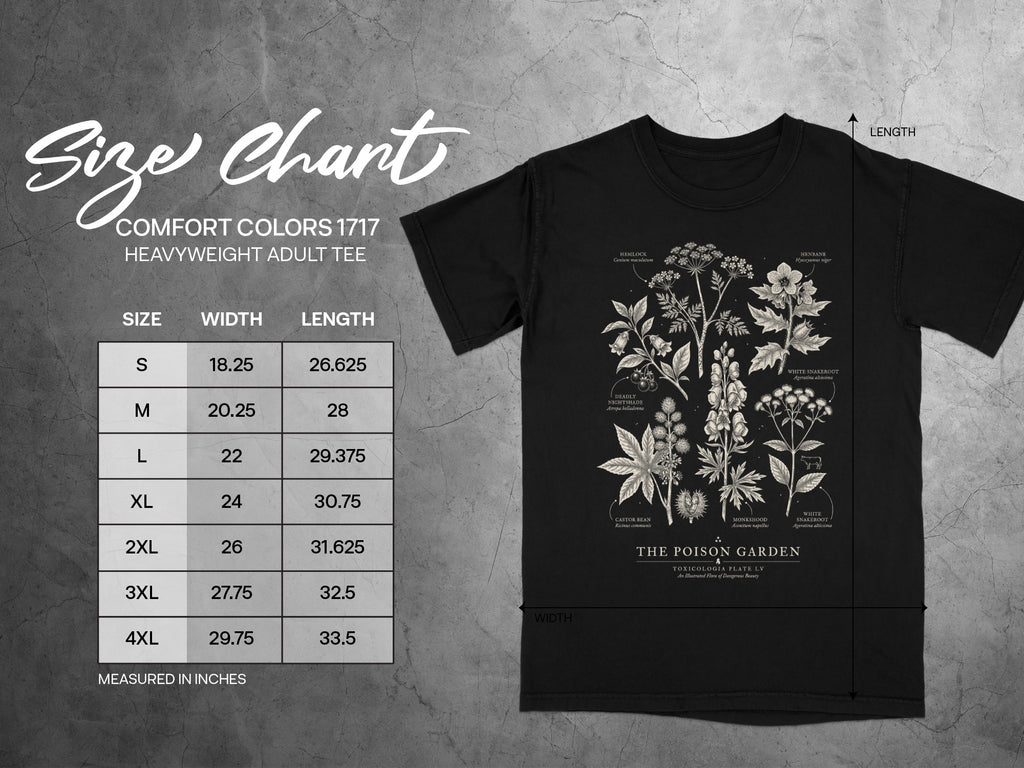 Black t-shirt with botanical illustration of poisonous plants and a size chart.
