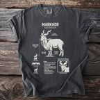 Markhor t-shirt with scientific details and illustrations of the animal.