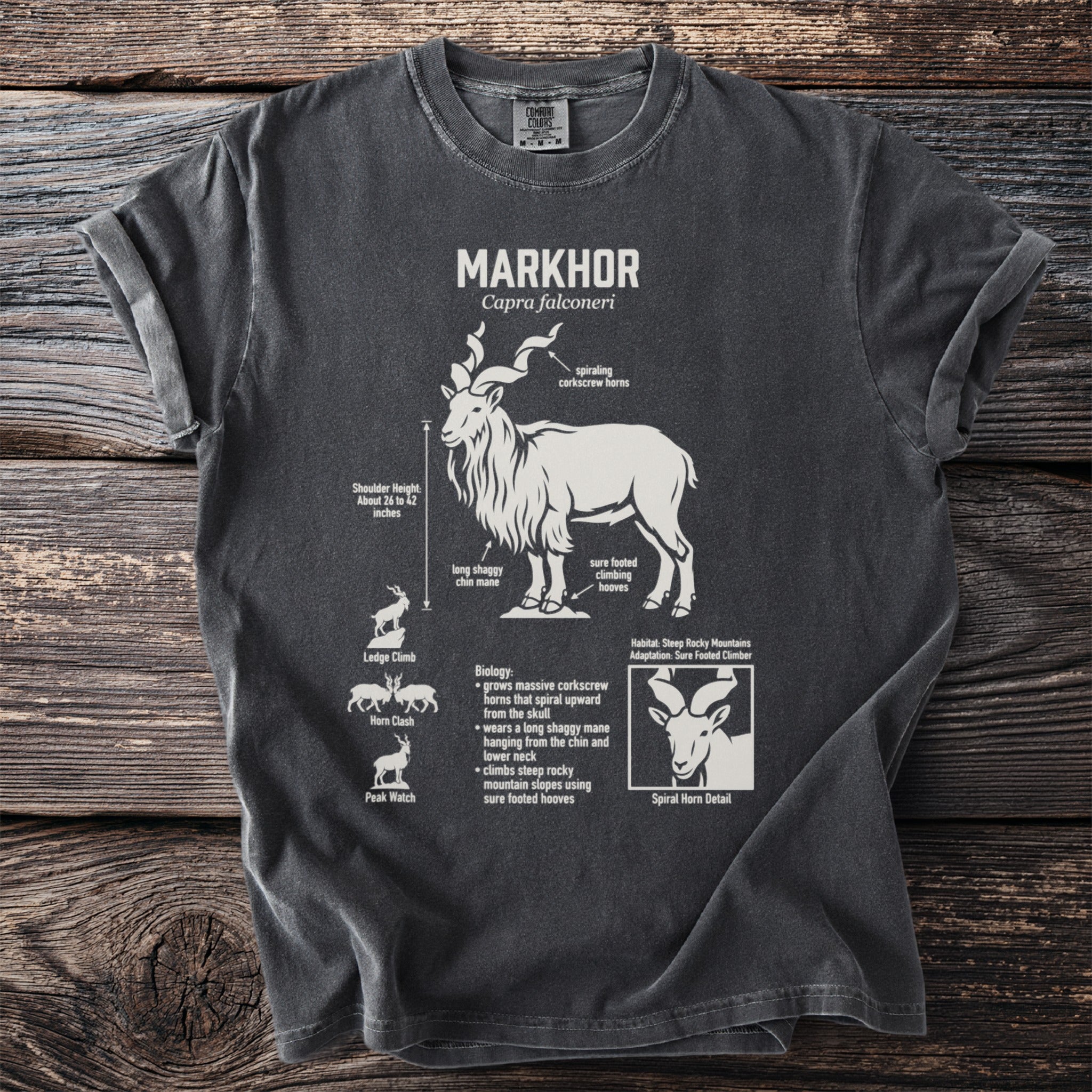Markhor t-shirt with scientific details and illustrations of the animal.
