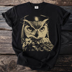 Black t-shirt with distressed print of an owl wearing a graduation cap.