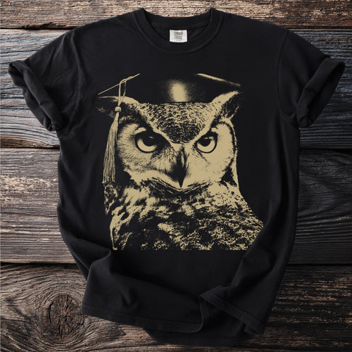 Black t-shirt with distressed print of an owl wearing a graduation cap.