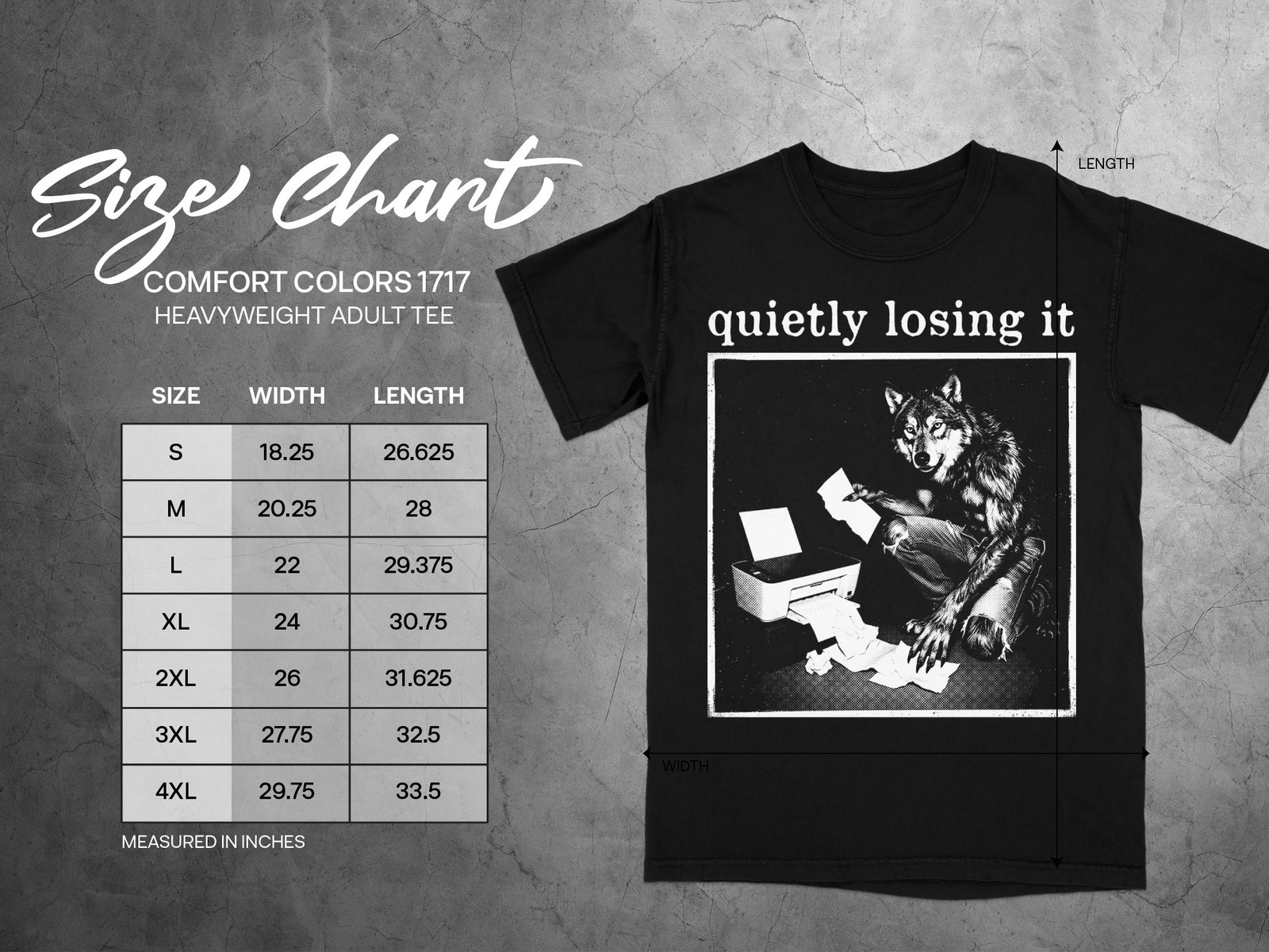 Black t-shirt with "quietly losing it" and wolf graphic; size chart included.