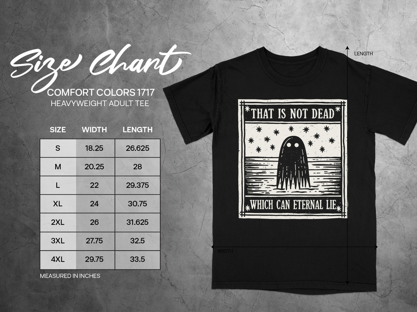 Black t-shirt with ghost graphic and size chart for Comfort Colors 1717 heavyweight adult tee.