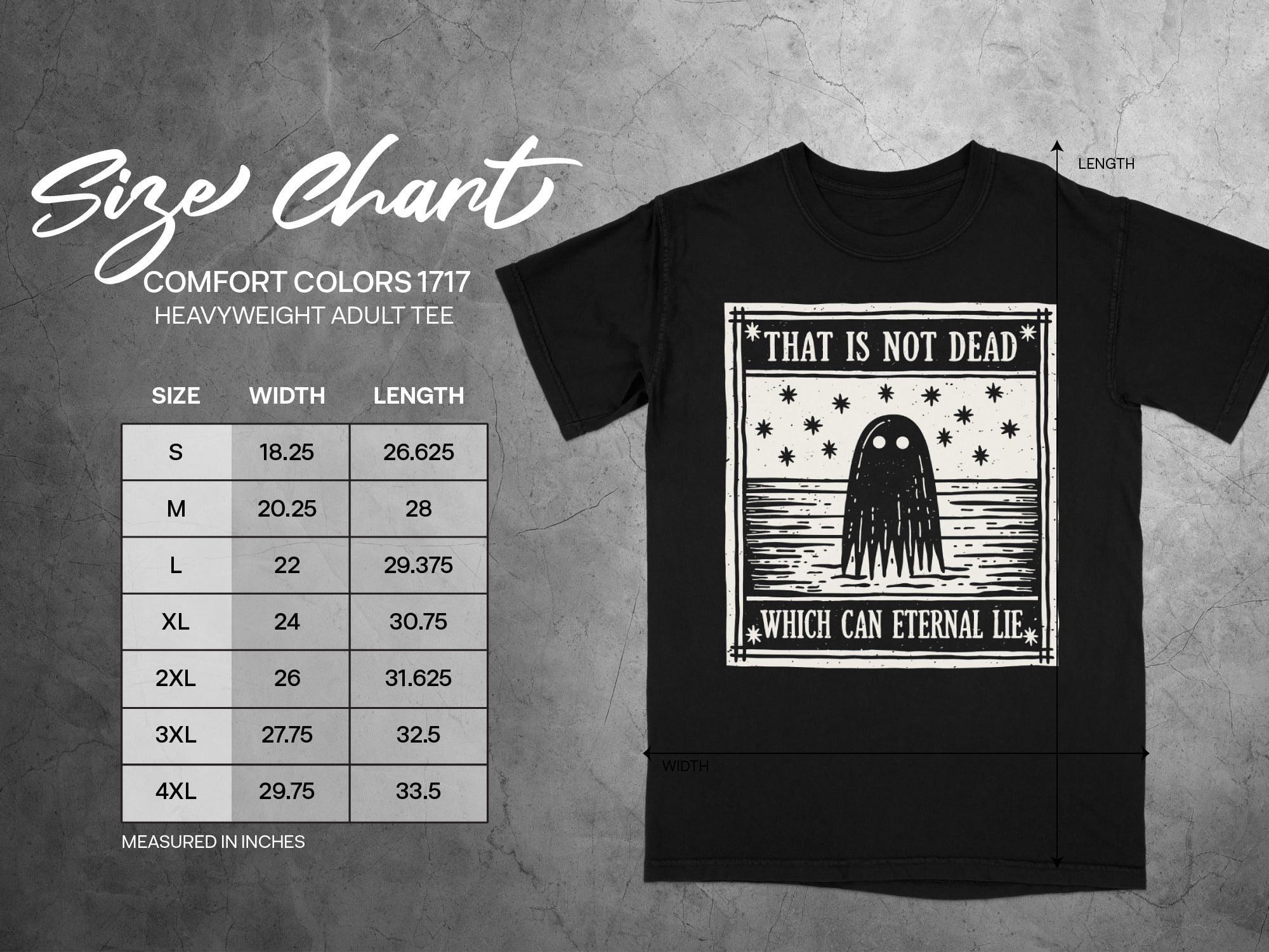 Black t-shirt with ghost graphic and size chart for Comfort Colors 1717 heavyweight adult tee.