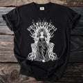 Black t-shirt with white graphic of a crowned woman on a throne with text "GIRLS WILL BE GIRLS".